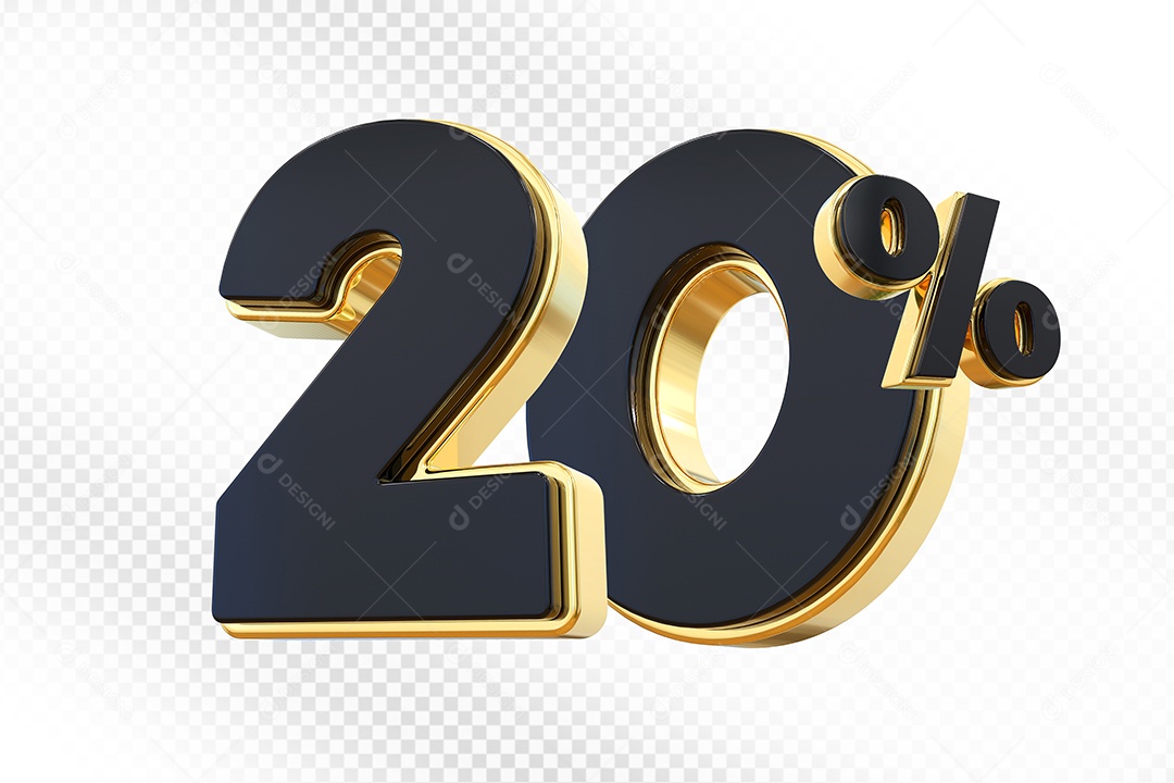 Elemento 3D Número 20% Preto com Dourado Para Composição PSD