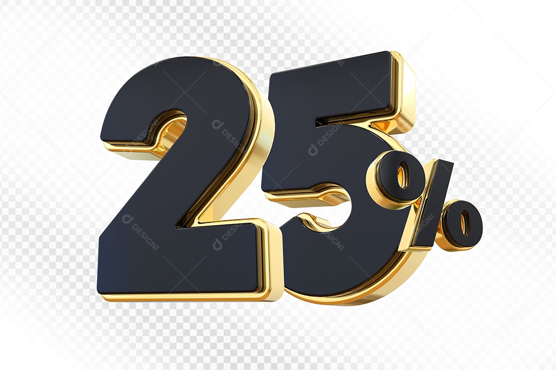 Elemento 3D Número 25% Preto com Dourado Para Composição PSD