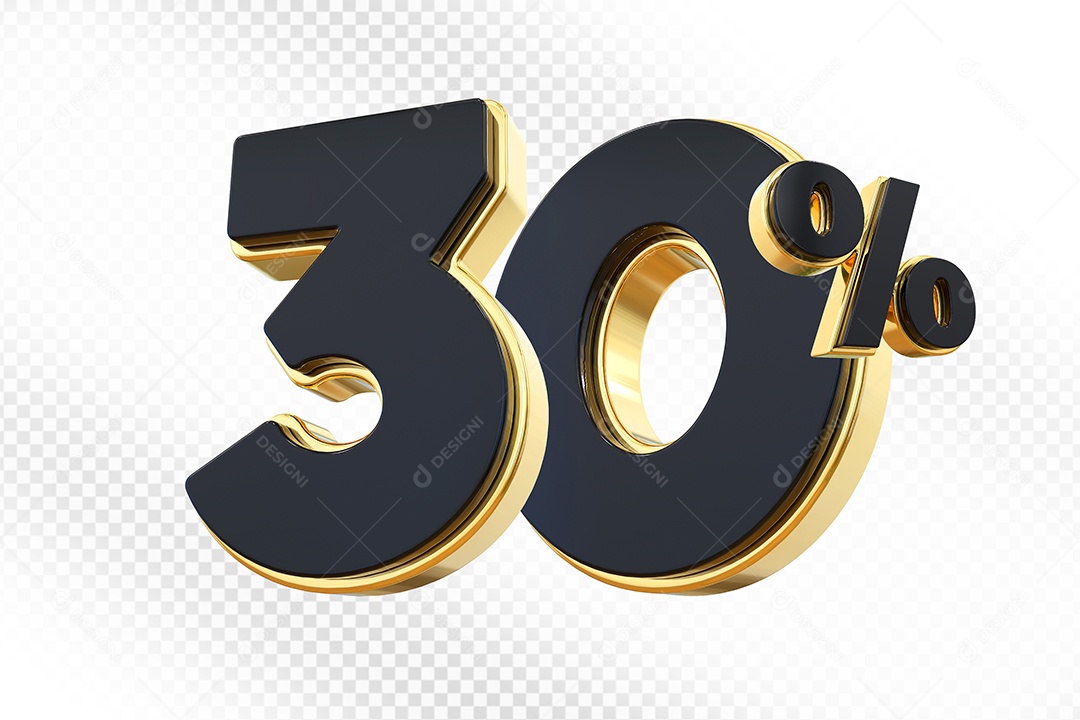 Elemento 3D Número 30% Preto com Dourado Para Composição PSD
