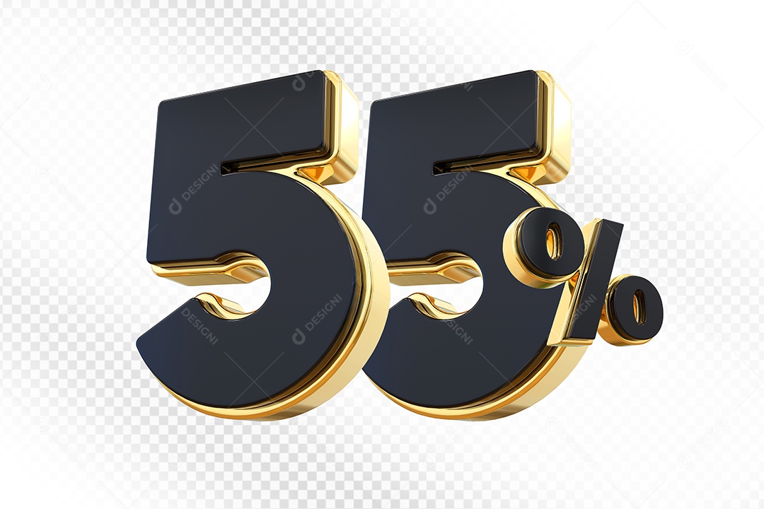 Elemento 3D Número 55% Preto com Dourado Para Composição PSD