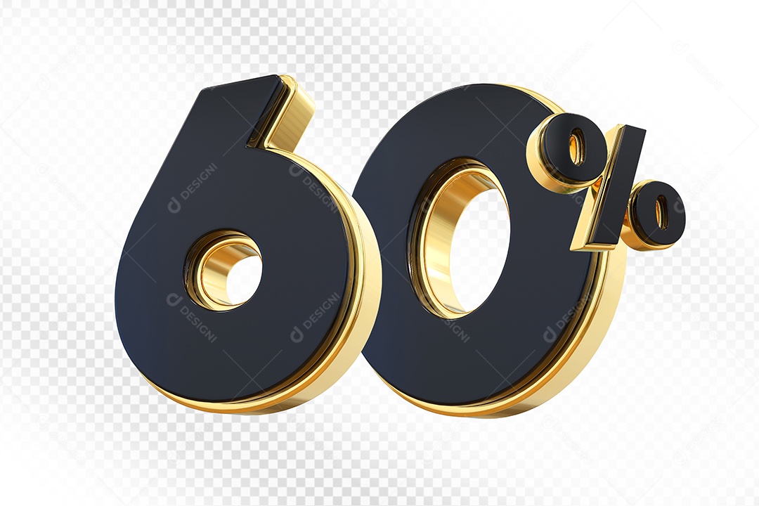 Elemento 3D Número 60% Preto com Dourado Para Composição PSD