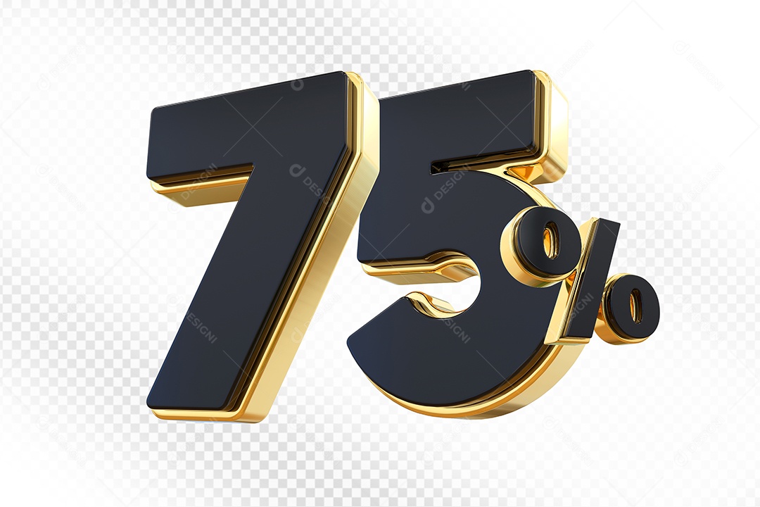 Elemento 3D Número 75% Preto com Dourado Para Composição PSD
