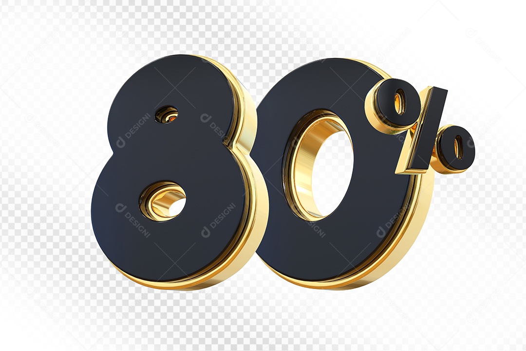 Elemento 3D Número 80% Preto com Dourado Para Composição PSD