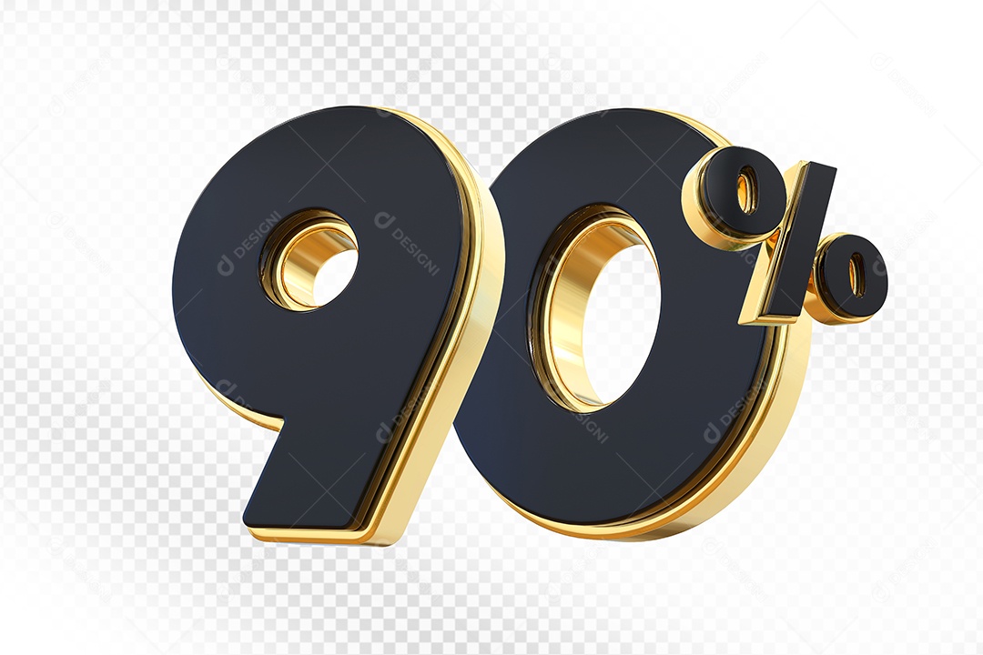 Elemento 3D Número 90% Preto com Dourado Para Composição PSD