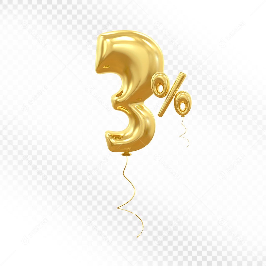 Balão 3D De Número 3% Dourado Elemento Para Composição PSD