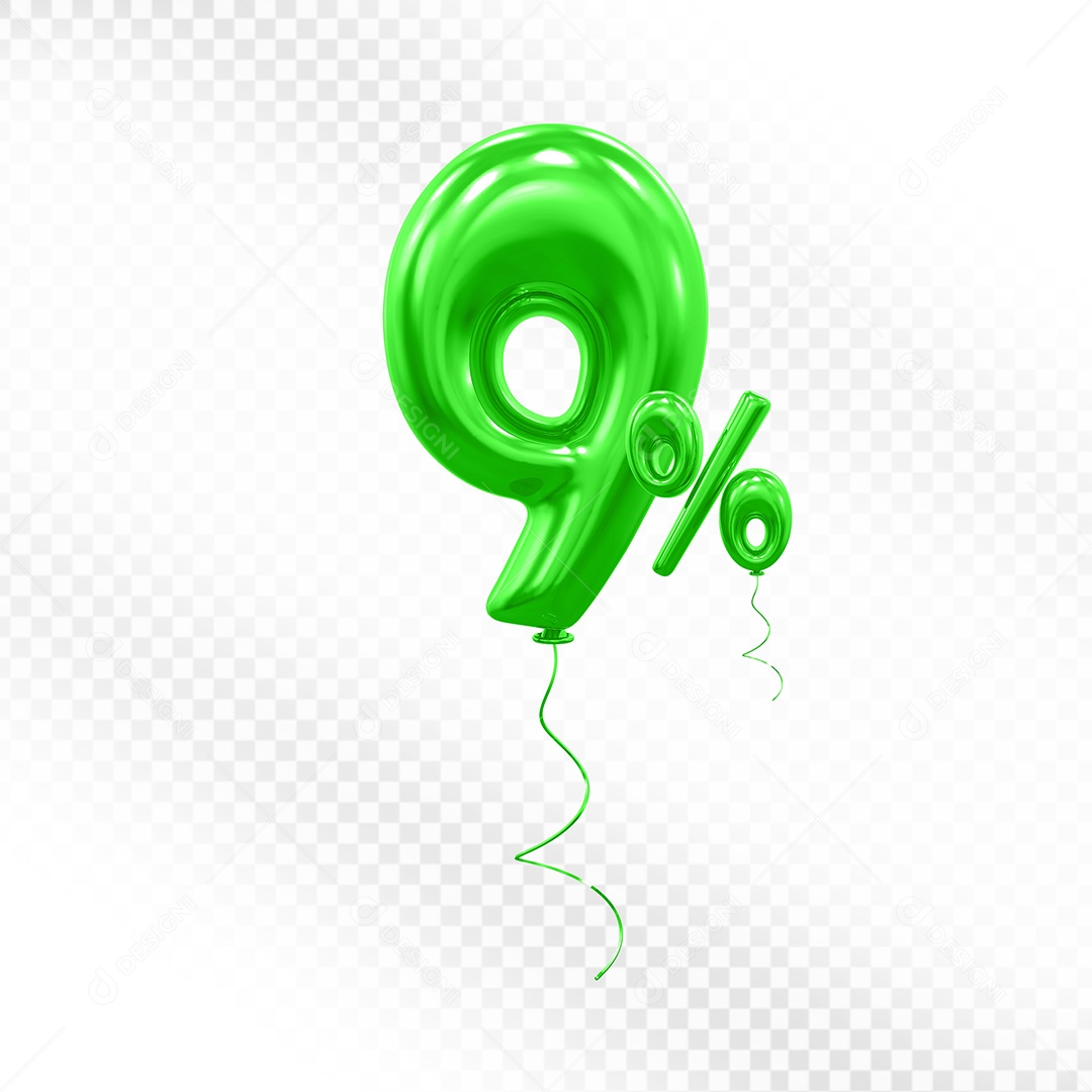 Balão 3D De Número 9% Verde Elemento Para Composição PSD