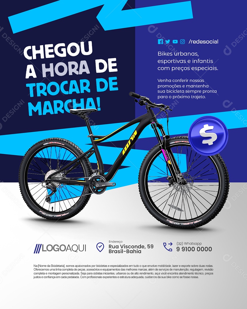 Bicicletaria Chegou A Hora de Trocar de Marcha Social Media PSD Editável