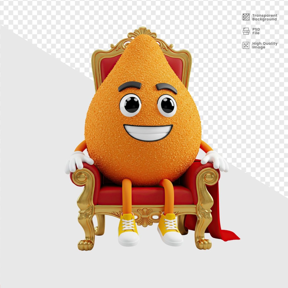 Coxinha Sentada em Trono de Rei Personagem 3D PSD Editável