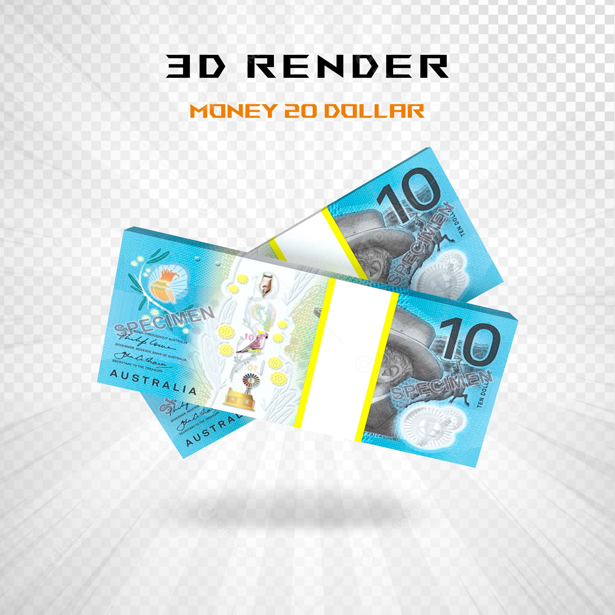 Elemento 3D Nota de 10 Dólar para Composição PSD