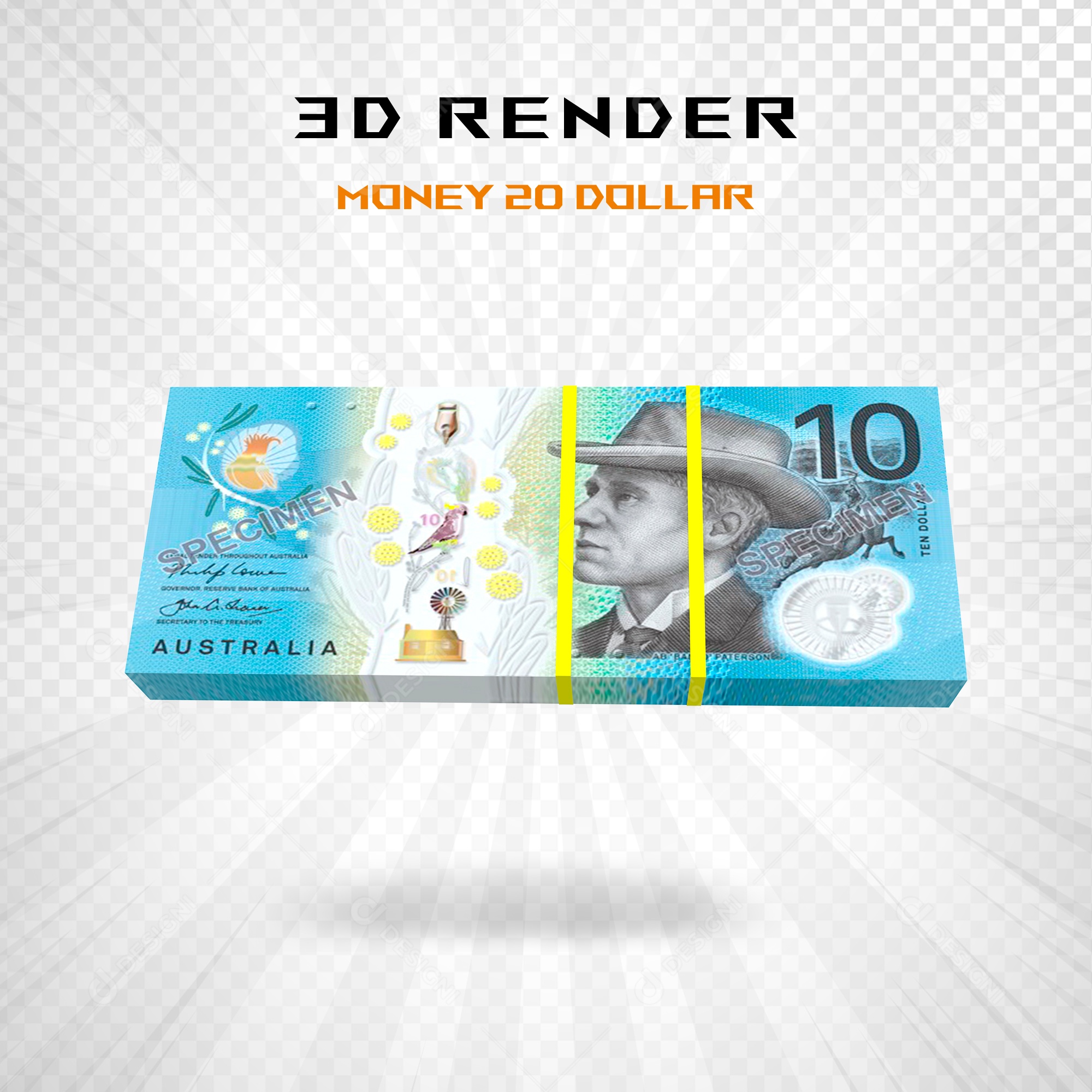 Elemento 3D Nota de 10 Dólar para Composição PSD