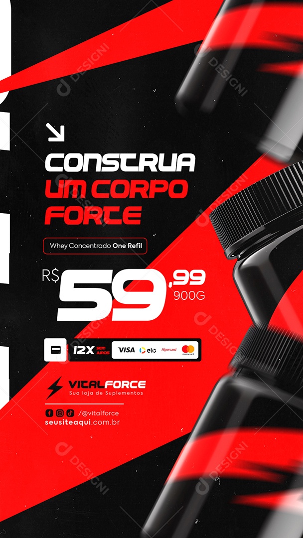 Story Loja de Suplementos Whey Concentrado Construa um Corpo Forte Social Media PSD Editável