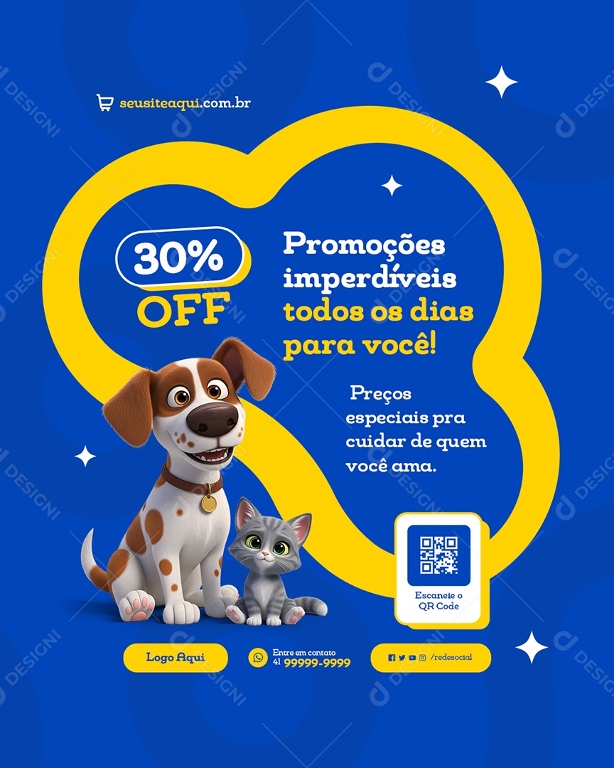 Pet Shop Promoções Imperdíveis 30% Off Social Media PSD Editável