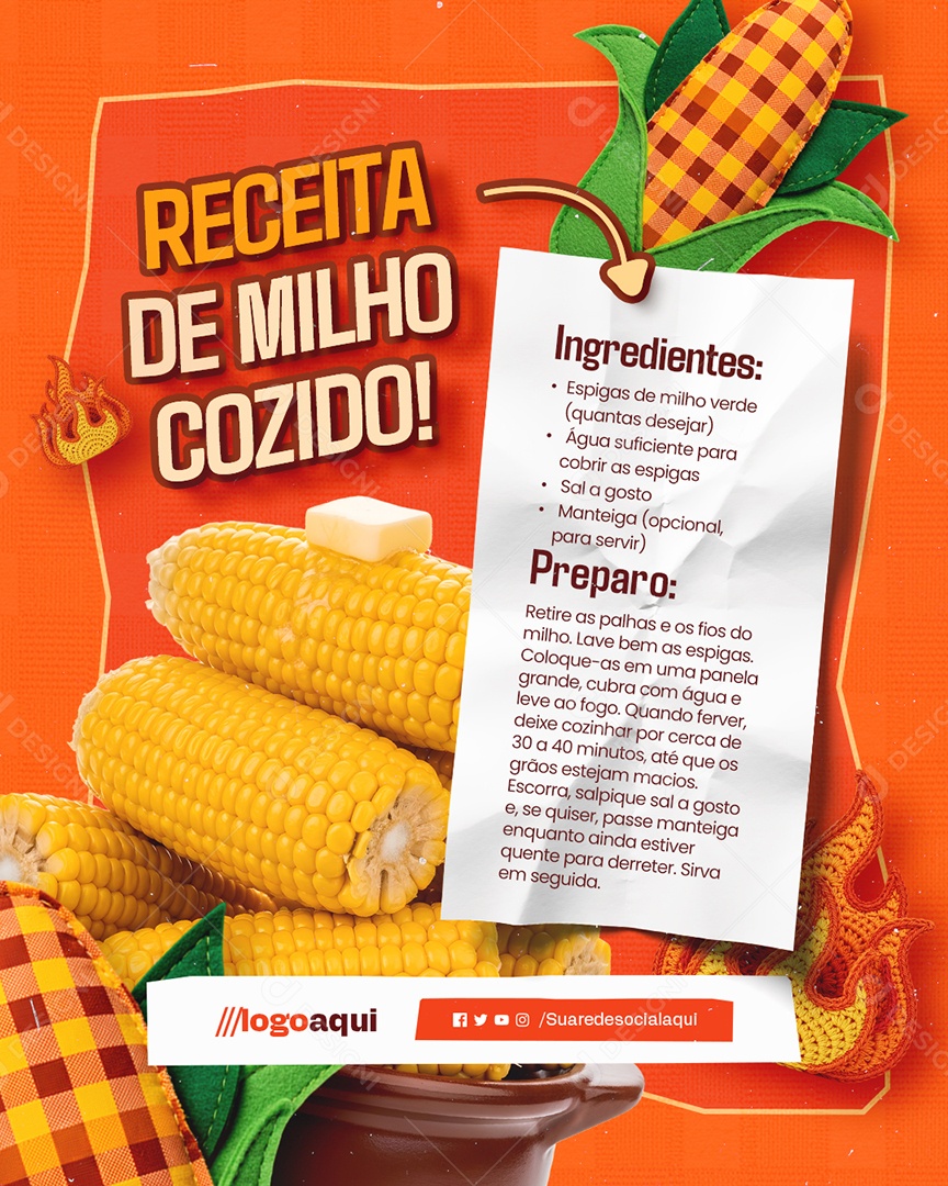 Receita Junina Milho Cozido Social Media PSD Editável