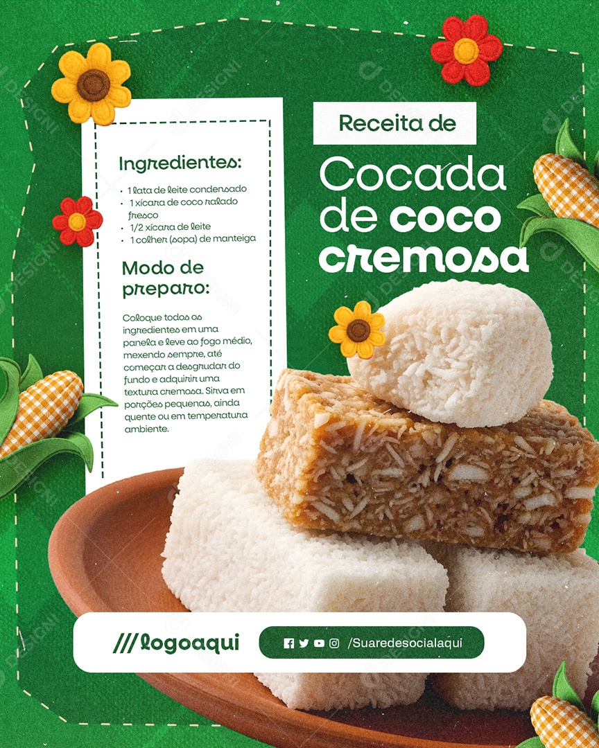 Receita Junina Cocada de Coco Cremosa Social Media PSD Editável