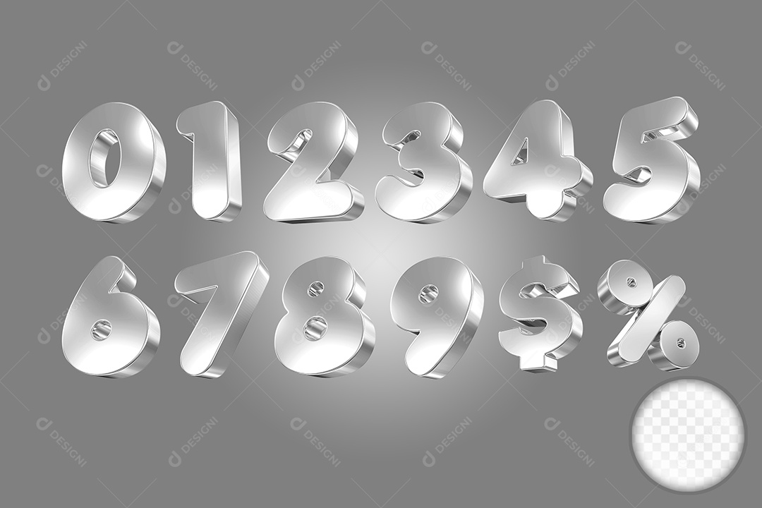 Conjunto de Números Prata Elemento 3D Para Composição PSD
