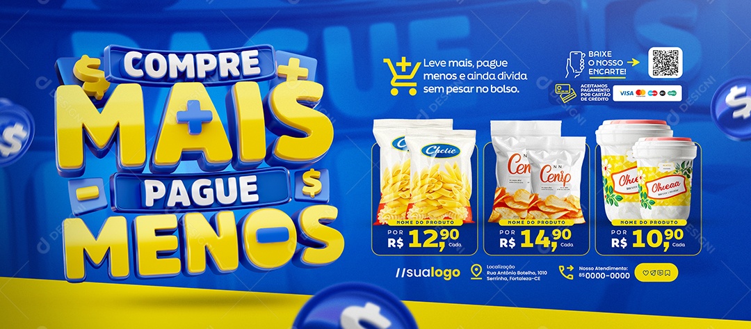 Banner Compre Mais Pague Menos Supermercado Produtos Social Media PSD Editável