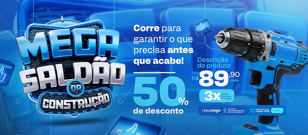 Banner Mega Saldão Da Construção 50% de Desconto Social Media PSD Editável
