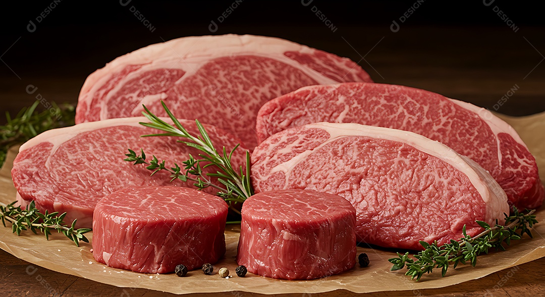 Carnes frescas e crua em uma mesa