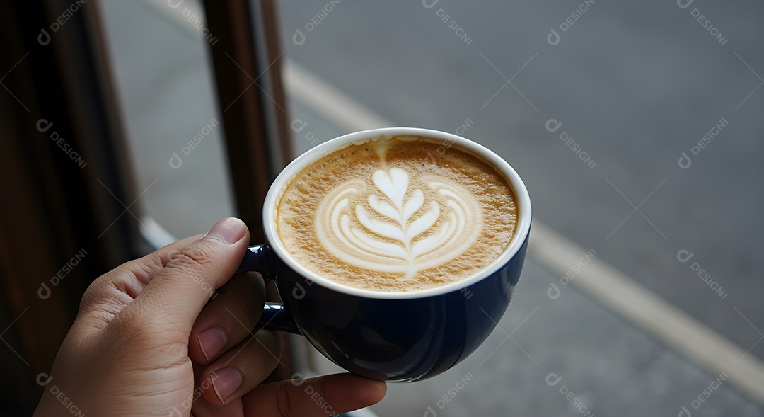 Mão de pessoa segurando xícara de cappuccino