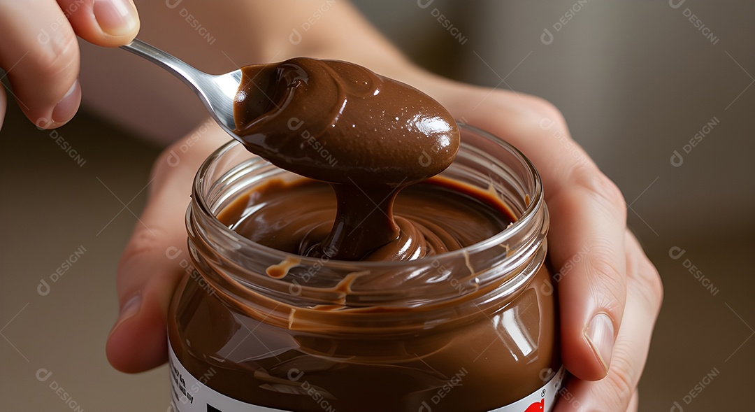 Mão de pessoa segurando pote de chocolate com colher