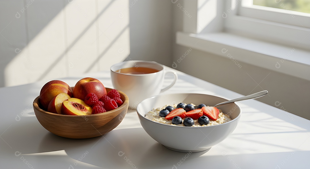 imagem retrata um café da manhã, possivelmente caseiro, com foco em alimentos saudáveis e nutritivos