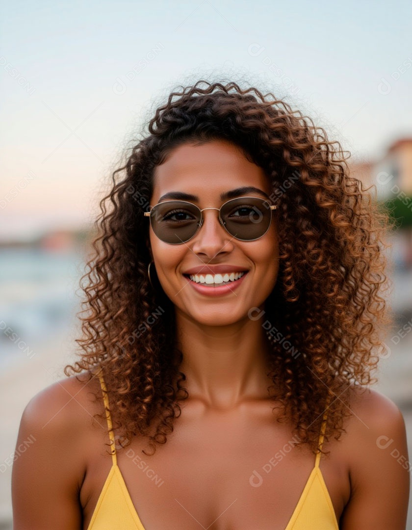 Linda mulher jovem sorridente cabelo cacheado.