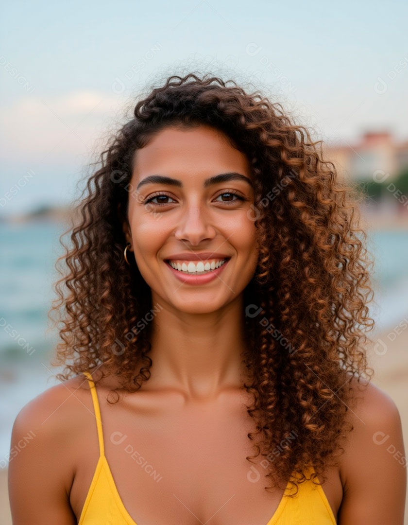 Linda mulher jovem sorridente cabelo cacheado.