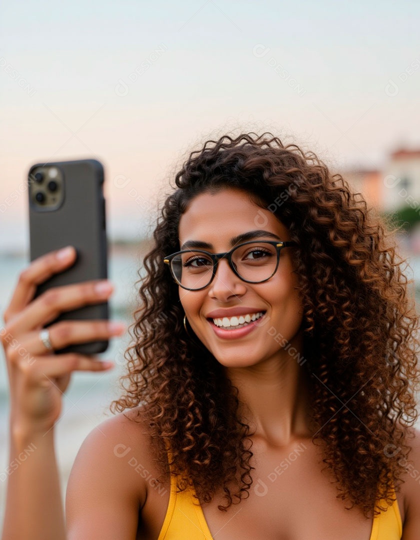 Linda mulher jovem mexendo em seu celular smartphone.