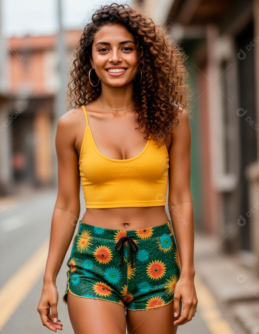 Linda mulher jovem sorridente caminhando em ruas.
