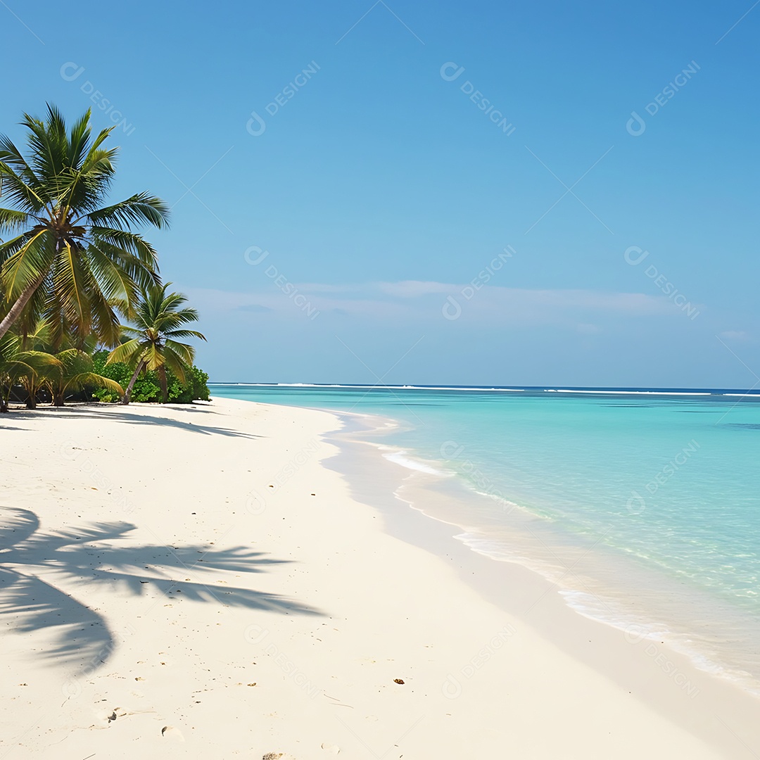 A imagem mostra uma praia paradisíaca