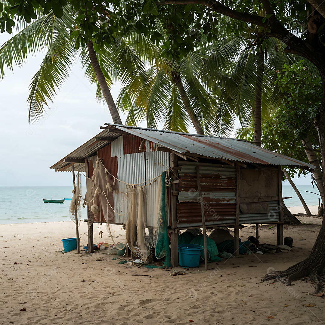 Cabana simples, possivelmente de pescadores, localizada em uma praia tropical