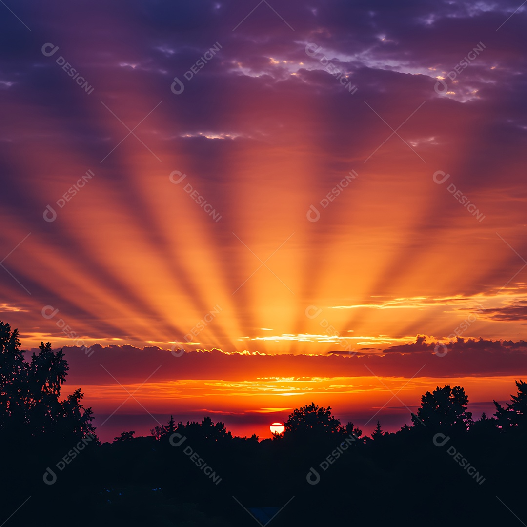 A imagem mostra um espetáculo natural de raios crepusculares, que são feixes de luz solar