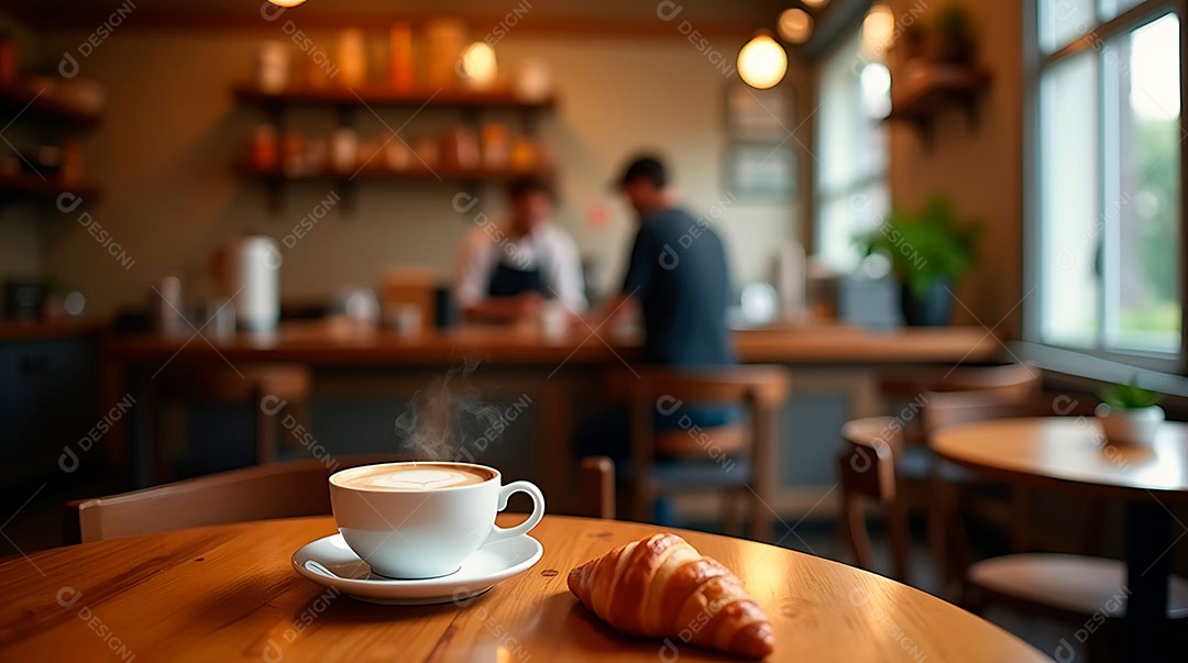 Xícara de café e um croissant sobre uma mesa de madeira em primeiro plano.