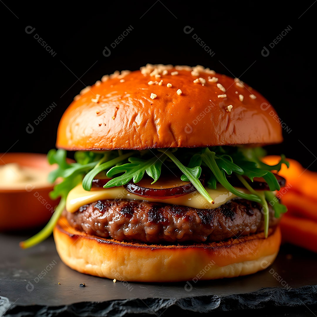 Retrato saboroso de hambuguer em uma mesa.