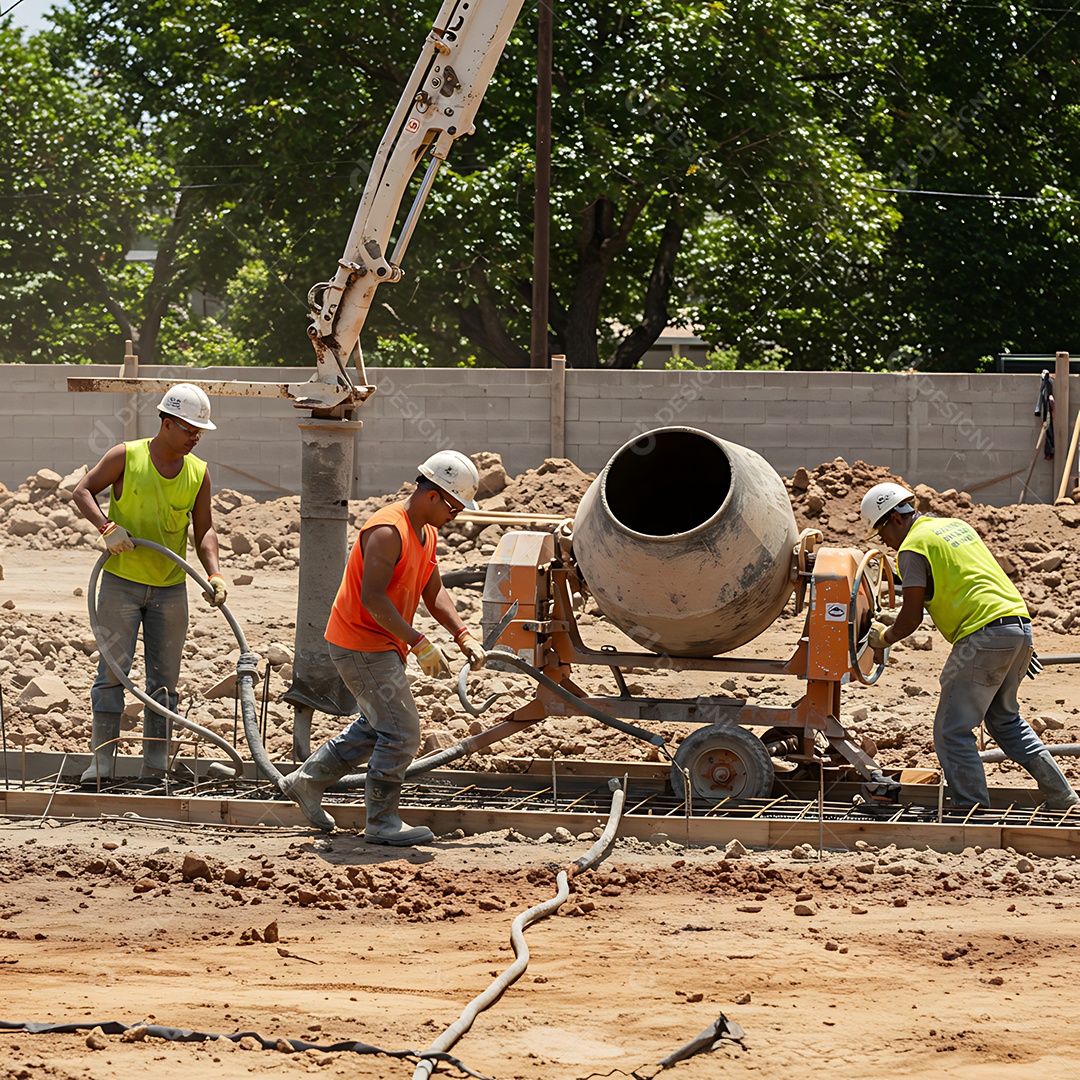 A imagem mostra trabalhadores em um canteiro de obras preparando concreto