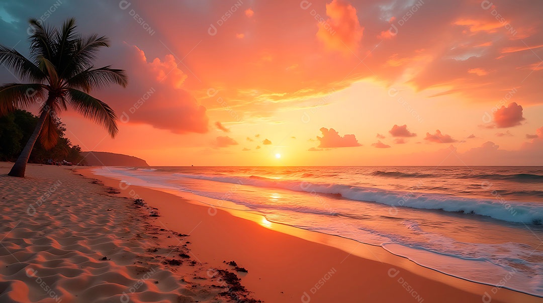 A imagem retrata um pôr do sol em uma praia tropical, com o sol se pondo no horizonte e colorindo o céu.