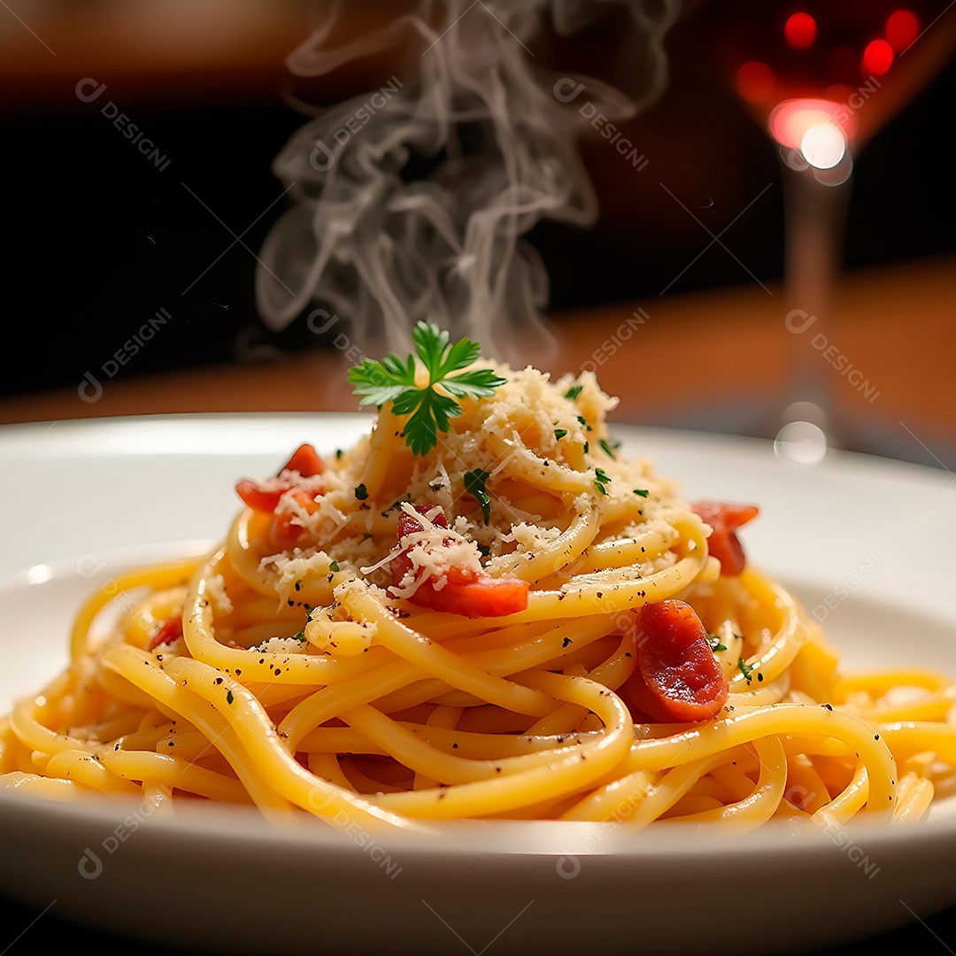 Prato de macarrão com molho de tomate.