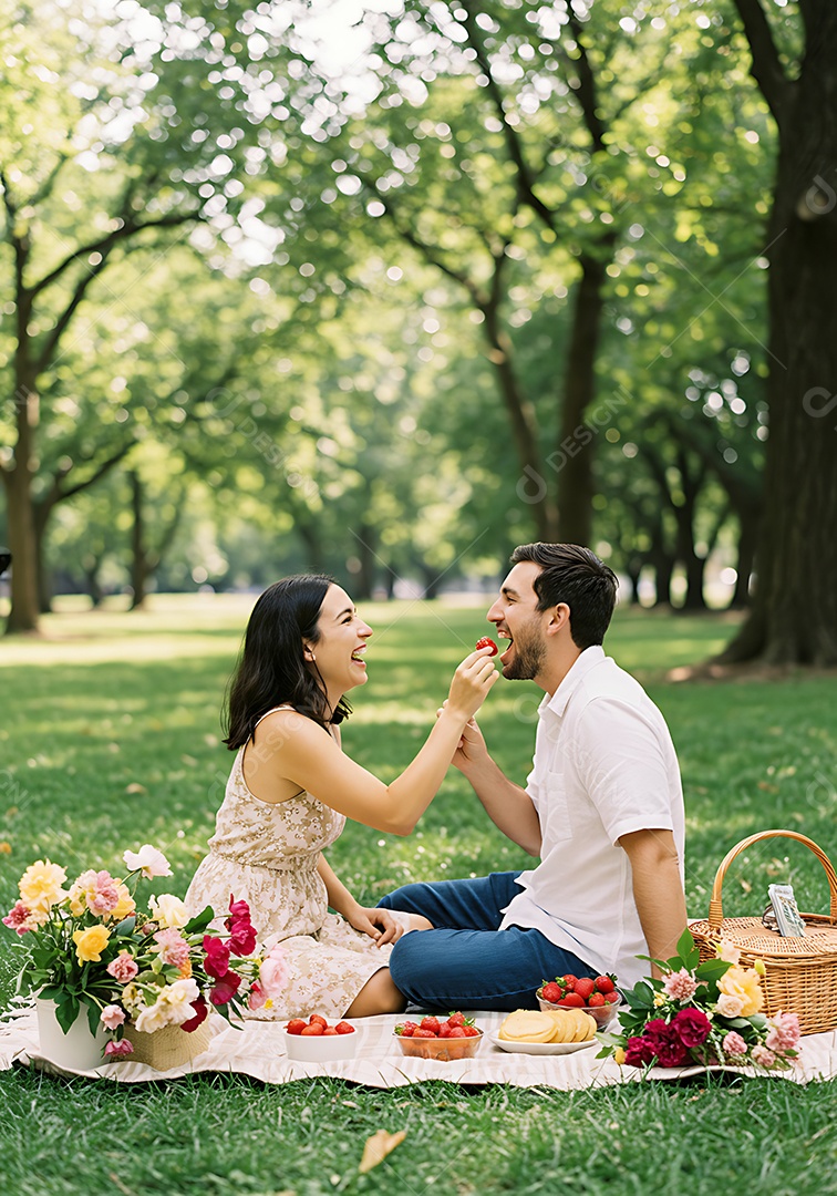A imagem mostra um casal desfrutando de um piquenique em um parque, que é uma refeição informal realizada ao ar livre.