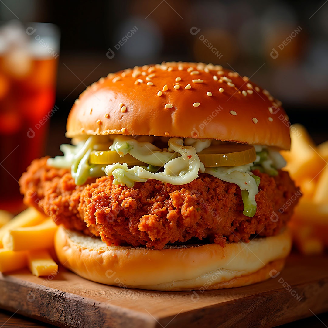 A imagem mostra um sanduíche de frango frito, provavelmente um sanduíche de frango crocante.