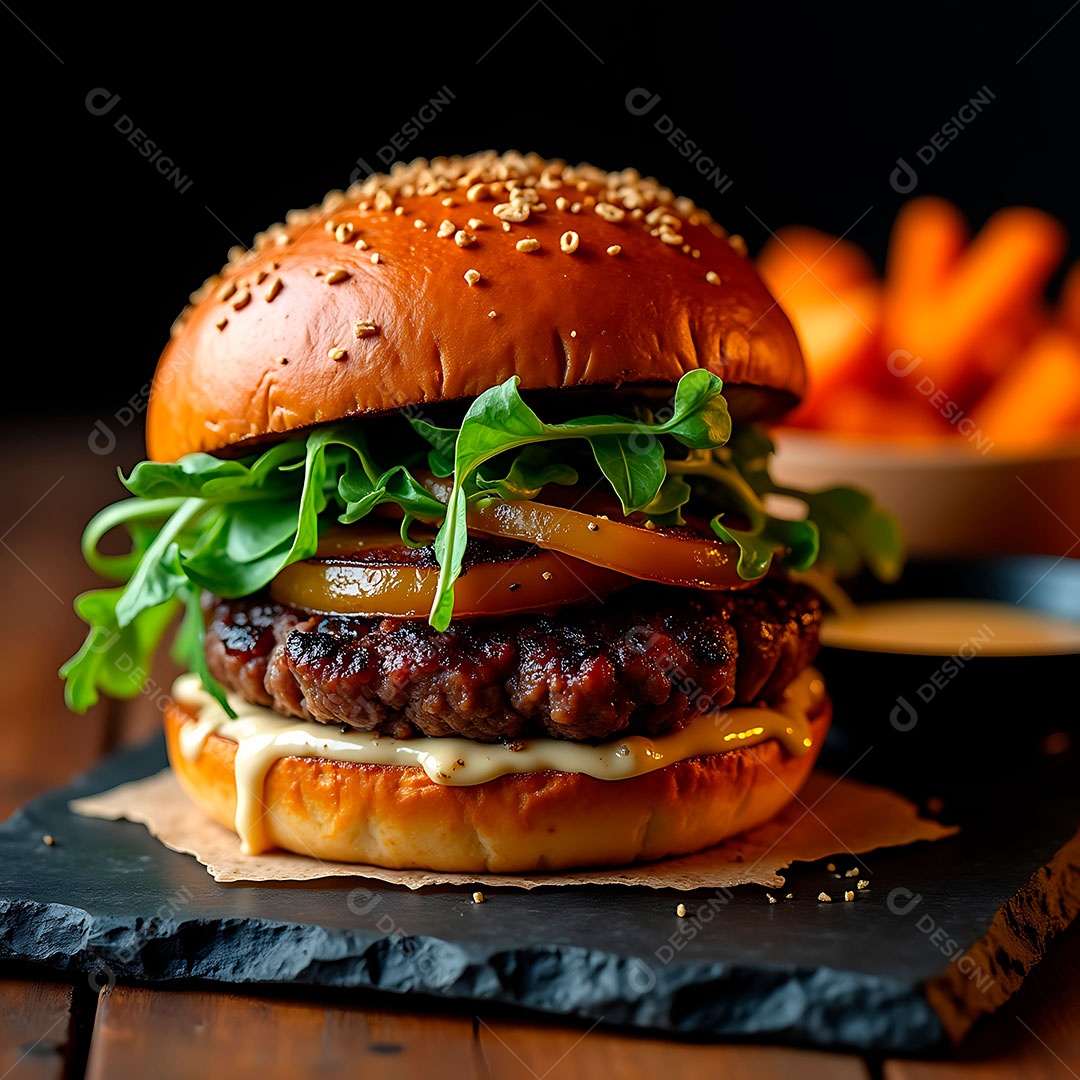 A imagem mostra um hambúrguer gourmet com batatas fritas ao fundo.