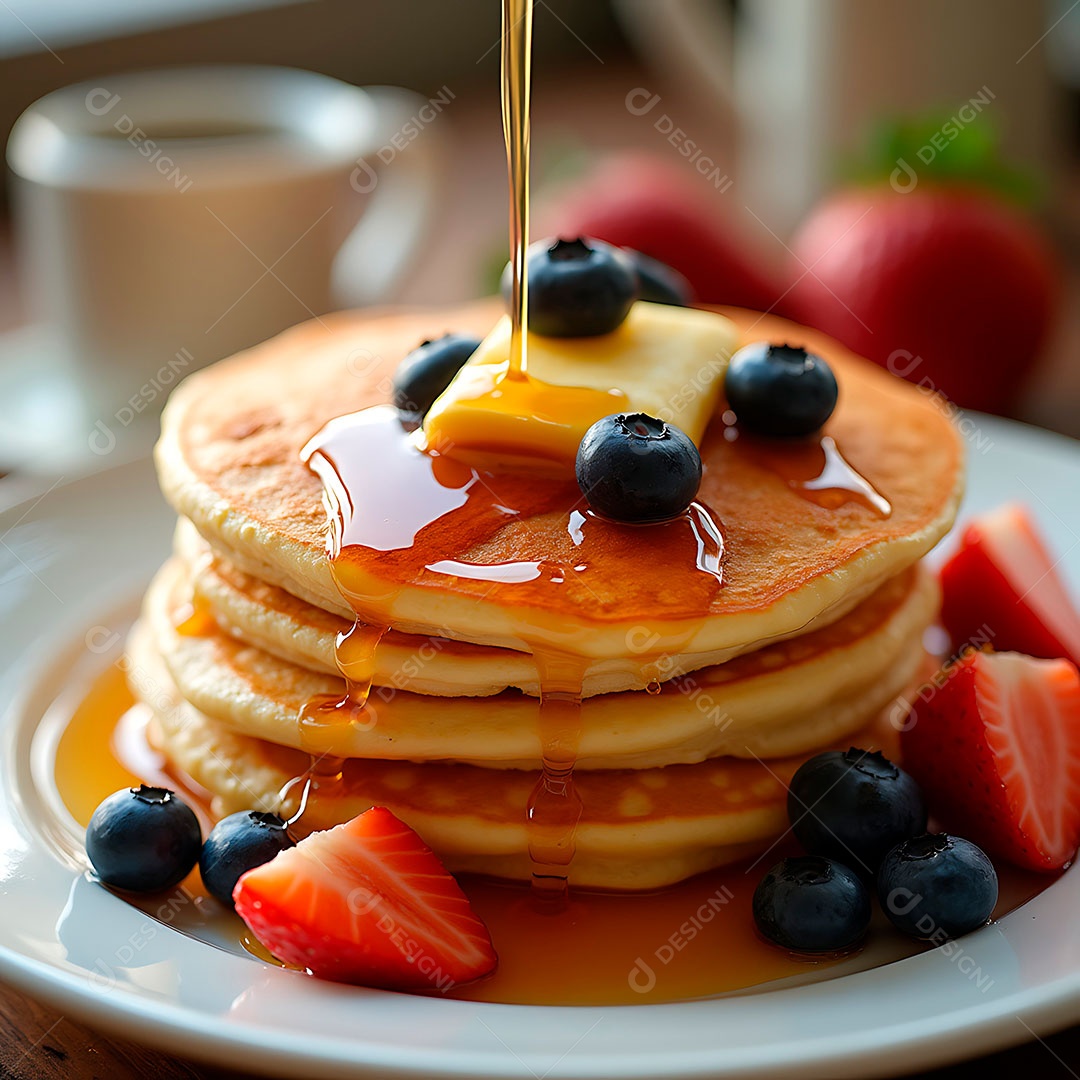 A imagem mostra uma torre de panquecas americanas.