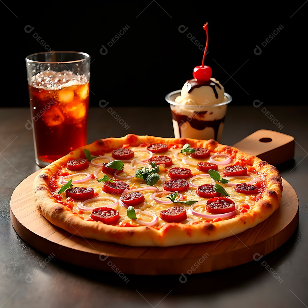 Uma pizza redonda com cobertura de calabresa ao lado copo de vidro com uma bebida escura e gelo Um copo com sorvete de creme, calda de chocolate e uma cereja no topo..