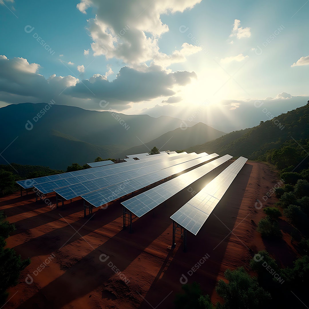 A imagem mostra uma instalação de painéis solares fotovoltaicos.