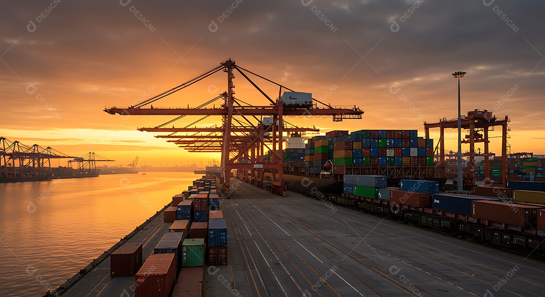 A imagem retrata um porto comercial ao pôr do sol, com destaque para a operação de carga e descarga de contêineres, um elemento crucial do comércio global.