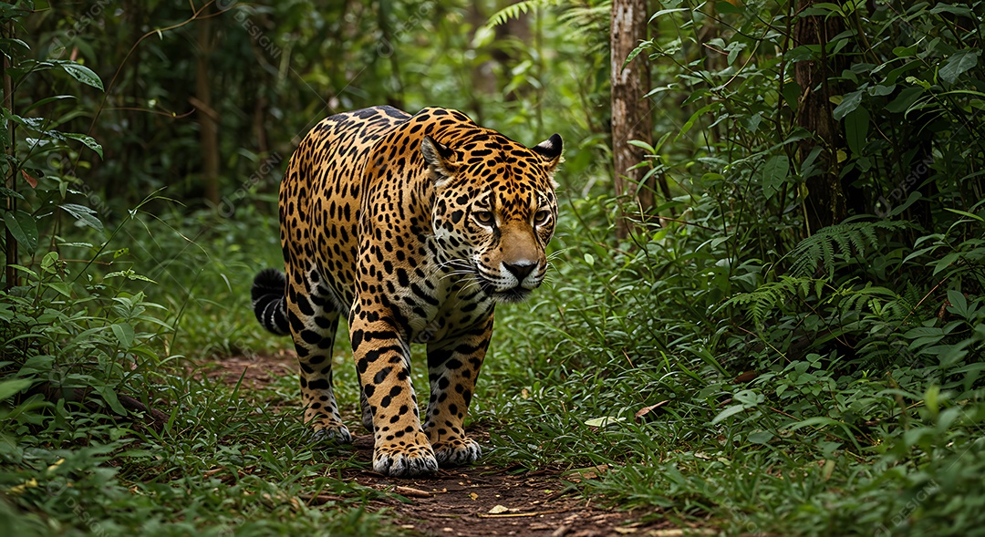 Retrato realista de onça pintanda em uma floresta