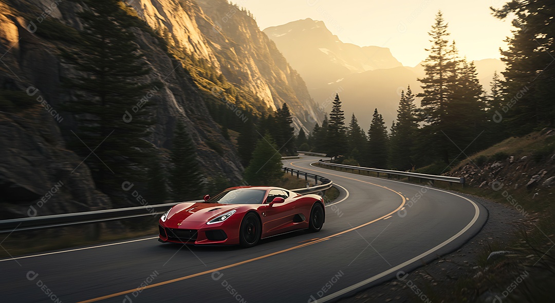 Imagem mostra um carro esportivo vermelho percorrendo uma estrada sinuosa em uma paisagem montanhosa ao pôr do sol