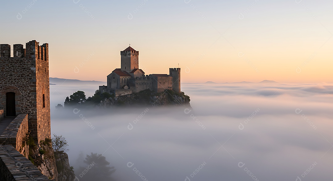 A imagem mostra o Castelo de Predjama, localizado na Eslovênia, envolto em névoa durante o nascer do sol