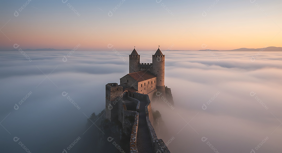 A imagem mostra o Castelo de Predjama, localizado na Eslovênia, envolto em névoa durante o nascer do sol
