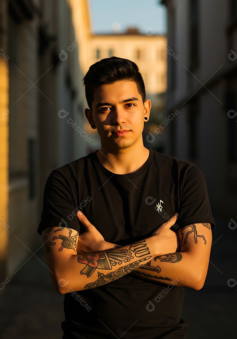 Homem jovem de braços cruzados tatuado