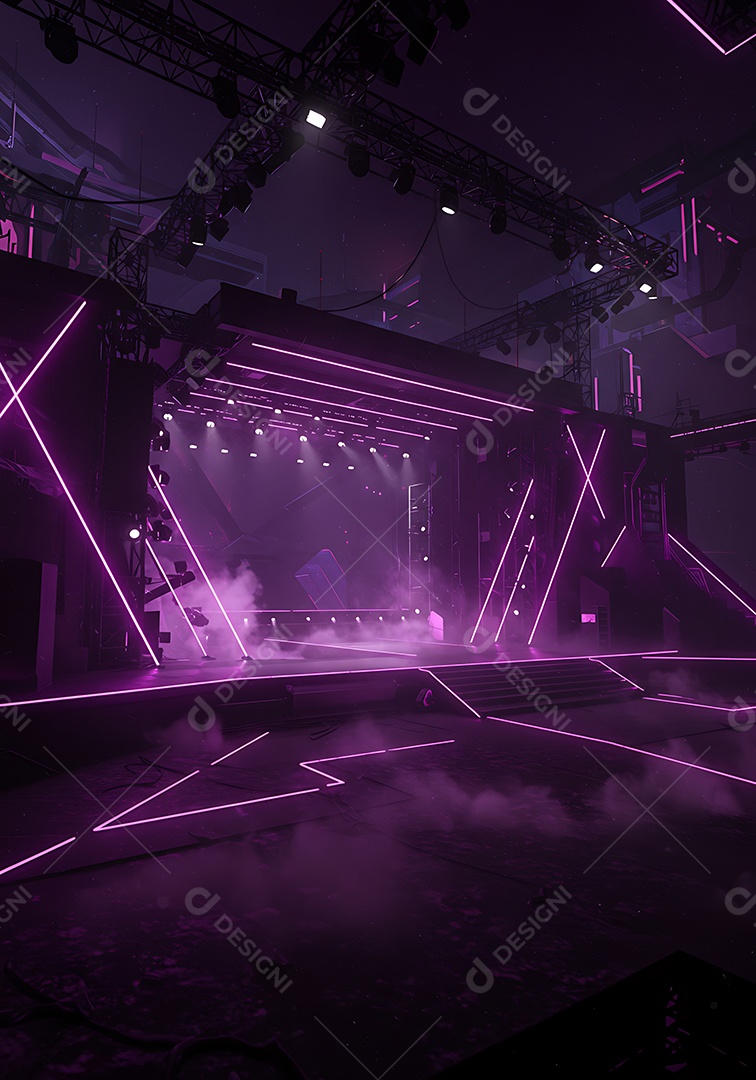 Imagem mostra um palco de eventos ou shows, com iluminação cênica